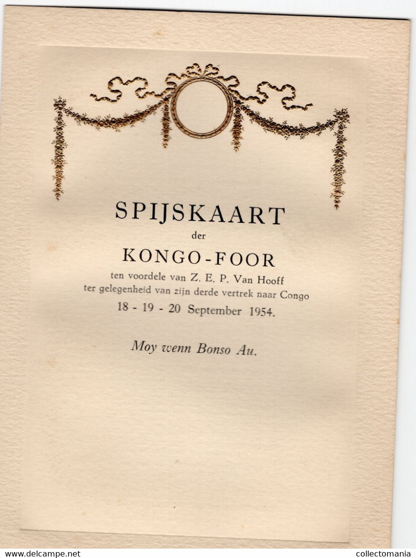 1 SPIJSKAART Der KONGO - FOOR  Pater Van Hooff 3de Vertrek CONGO September 1954 - Menus