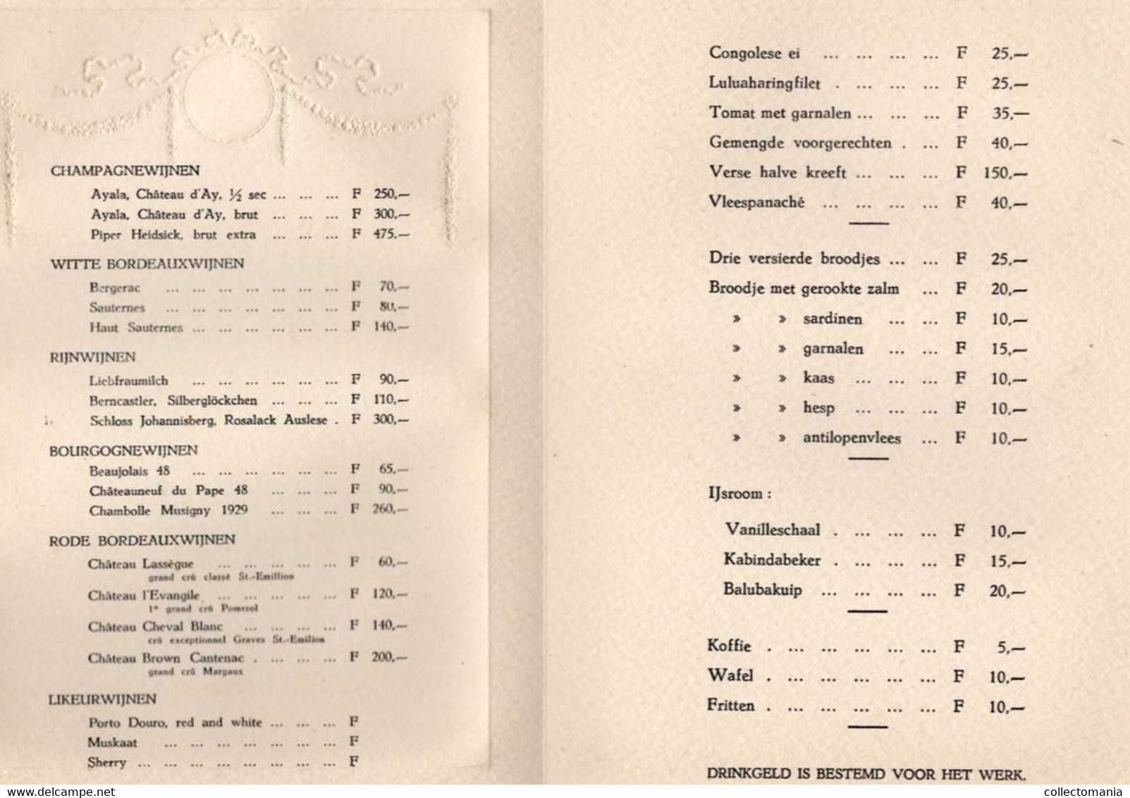 1 SPIJSKAART Der KONGO - FOOR  Pater Van Hooff 3de Vertrek CONGO September 1954 - Menus