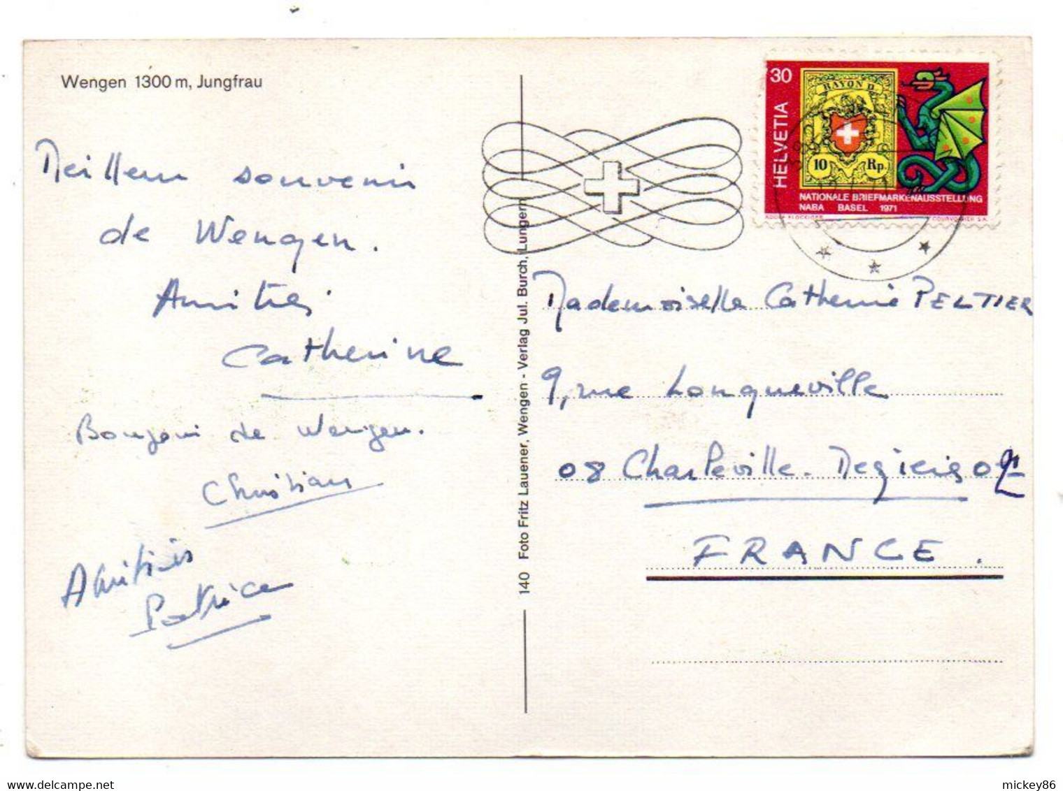 Suisse--WENGEN --1971 -- Jungfrau.........timbre...cachet ...destinée à Charleville (France)...à Saisir - Wengen