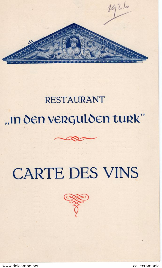 Wijnkaart Restaurant "in Den Vergulden Turk " Breestraat LEIDEN 1926  +Menukaart 1941 - Menükarten