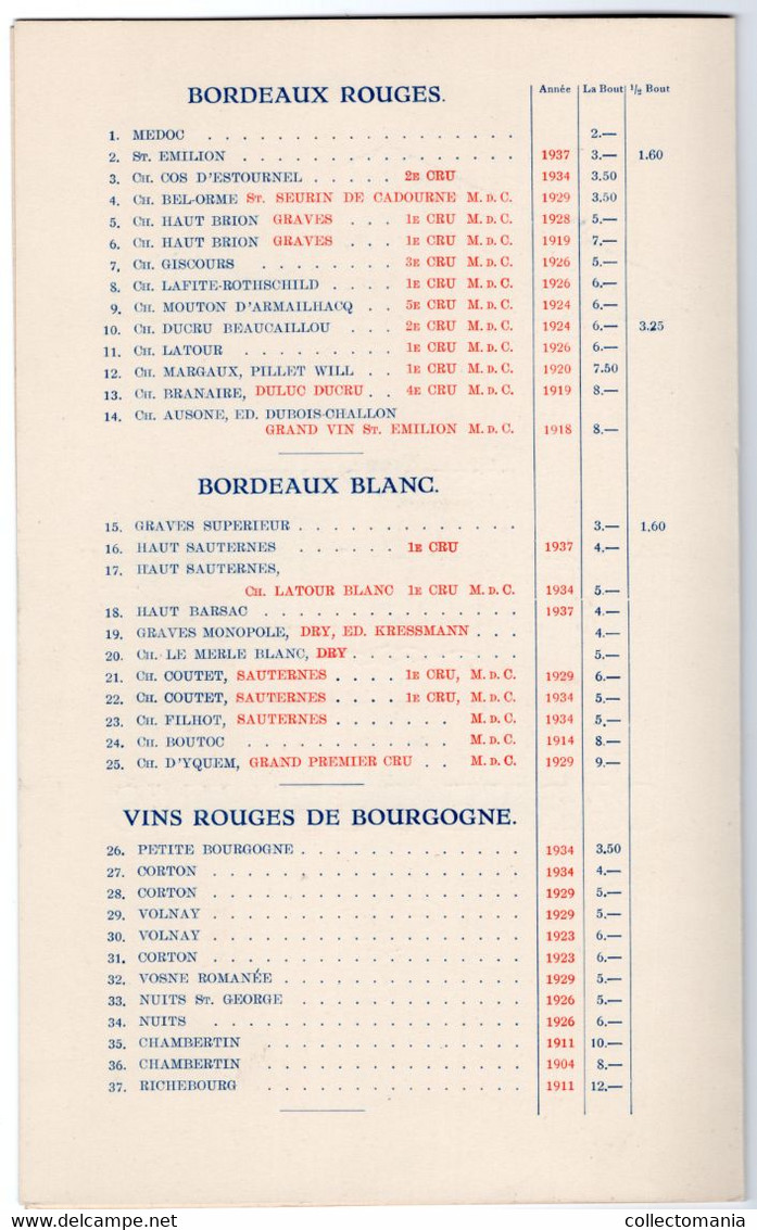 Wijnkaart Restaurant "in Den Vergulden Turk " Breestraat LEIDEN 1926  +Menukaart 1941 - Menus