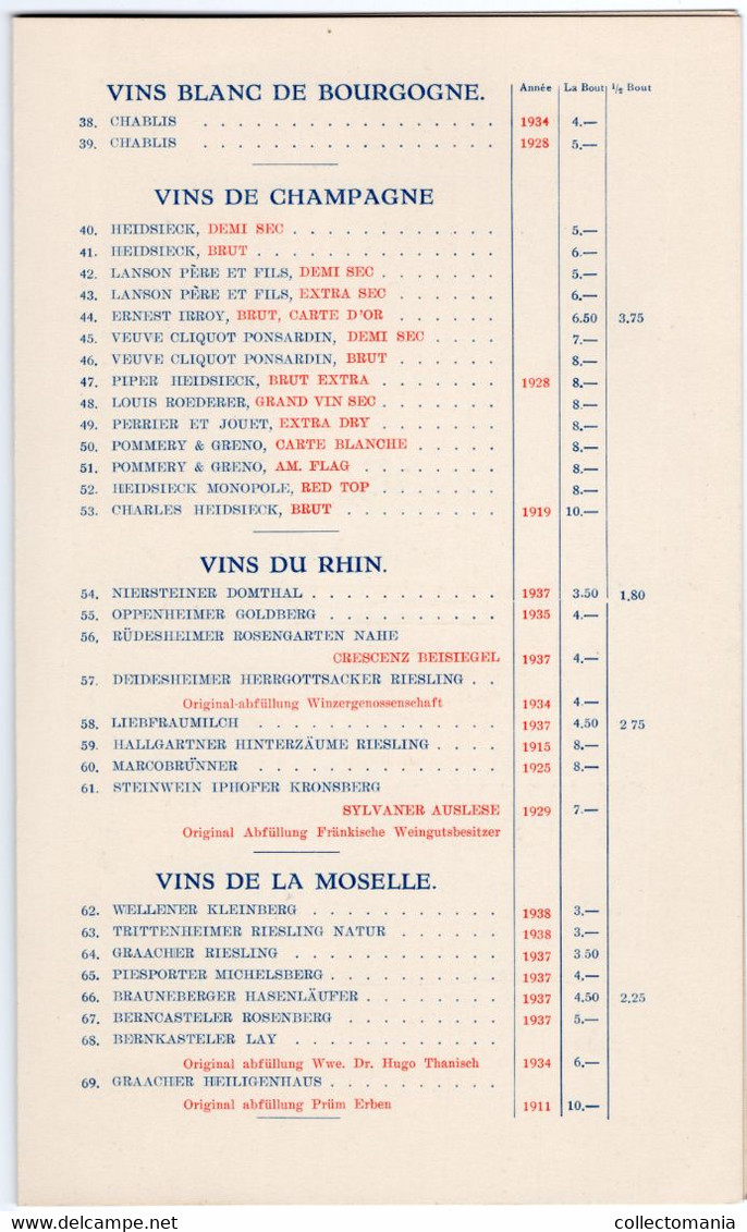 Wijnkaart Restaurant "in Den Vergulden Turk " Breestraat LEIDEN 1926  +Menukaart 1941 - Menükarten
