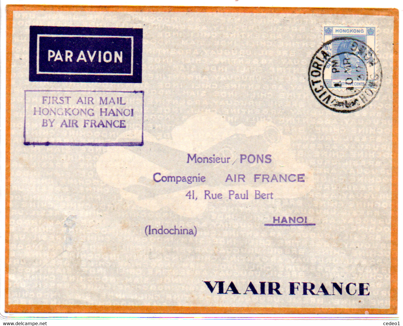 HONG KONG  PREMIERE LIAISON AERIENNE POUR HANOI VOL AIR FRANCE  11 MARS 1939 - Briefe U. Dokumente