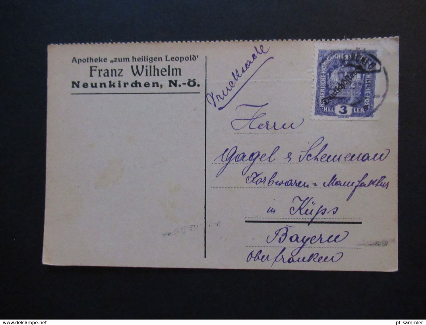 Österreich 1918 Deutsch-Österreich Nr. 228 EF Drucksache Apotheke Zum Heiligen Leopold Franz Wilhelm Neunkirchen N.Ö. - Brieven En Documenten