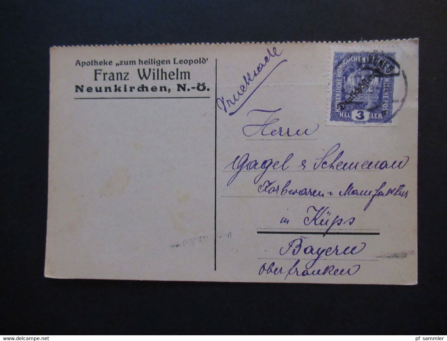 Österreich 1918 Deutsch-Österreich Nr. 228 EF Drucksache Apotheke Zum Heiligen Leopold Franz Wilhelm Neunkirchen N.Ö. - Covers & Documents