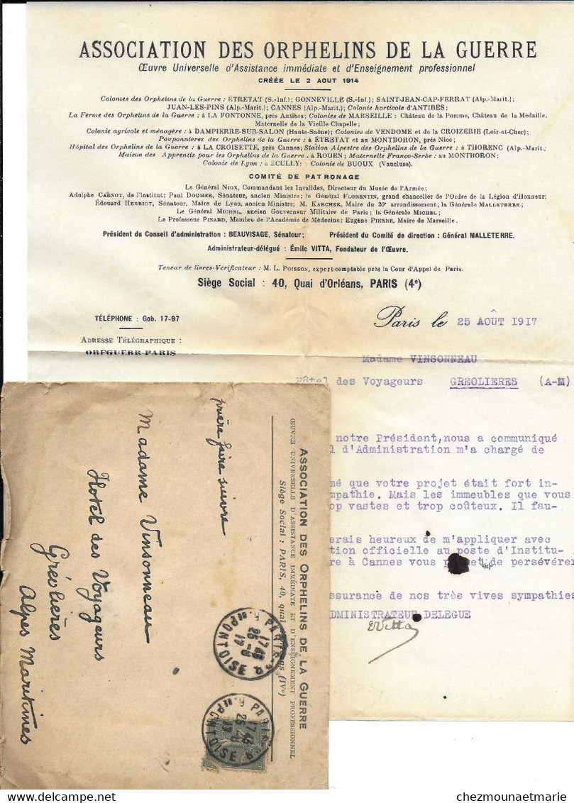 1917 PARIS - ASSOCIATION ORPHELINS GUERRE POUR MME VINSONNEAU A GREOLIERES HOTEL VOYAGEURS - Documenti