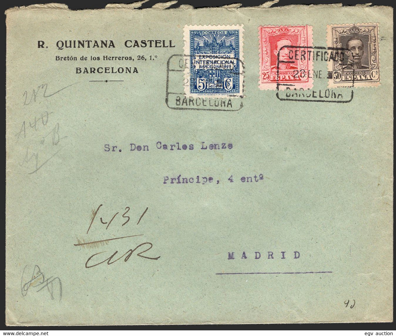 España - 317 - 318 + Barna - Carta "Certificado 28/1/30 - Barcelona " Con Acuse Recibo - Llegada "Valores Declarados" - Autres & Non Classés