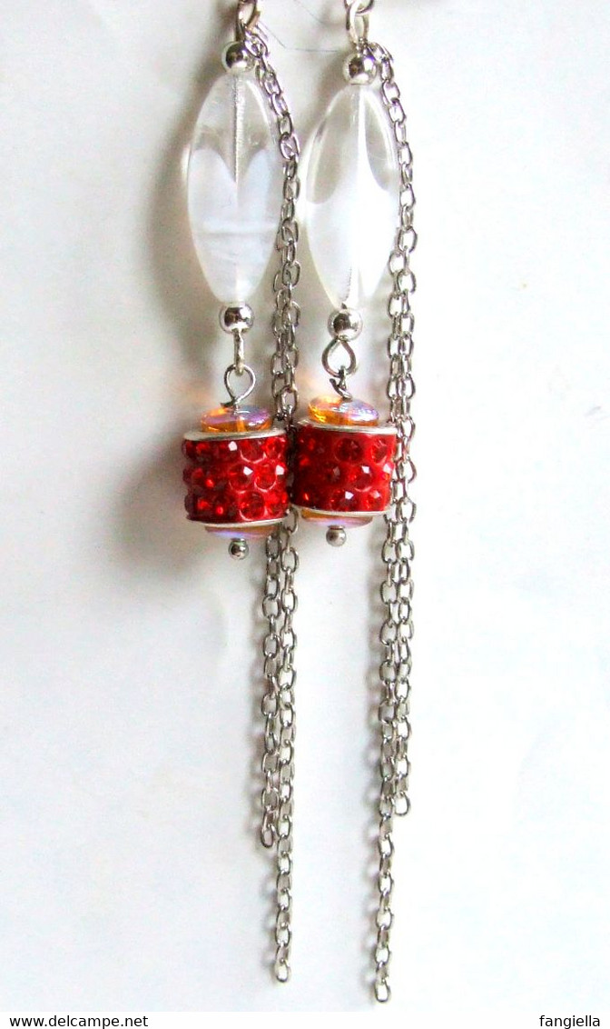 Boucles D'oreilles Pendantes, Rouge Blanc, Verre Tchèque, Perle Strass Cristal, Fermoirs Argent, Bijou Nomade, Hippie, B - Orecchini