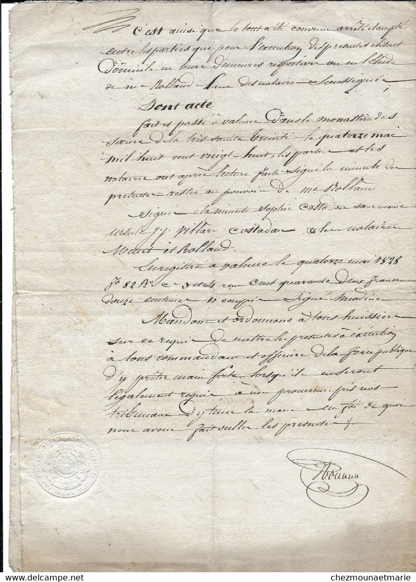 1828 VALENCE - DAME SOPHIE COSTADAU RELIGIEUSE NOVICE AU MONASTERE DE LA TRES SAINTE TRINITE - TRANSPORT DE DROITS - Documents Historiques