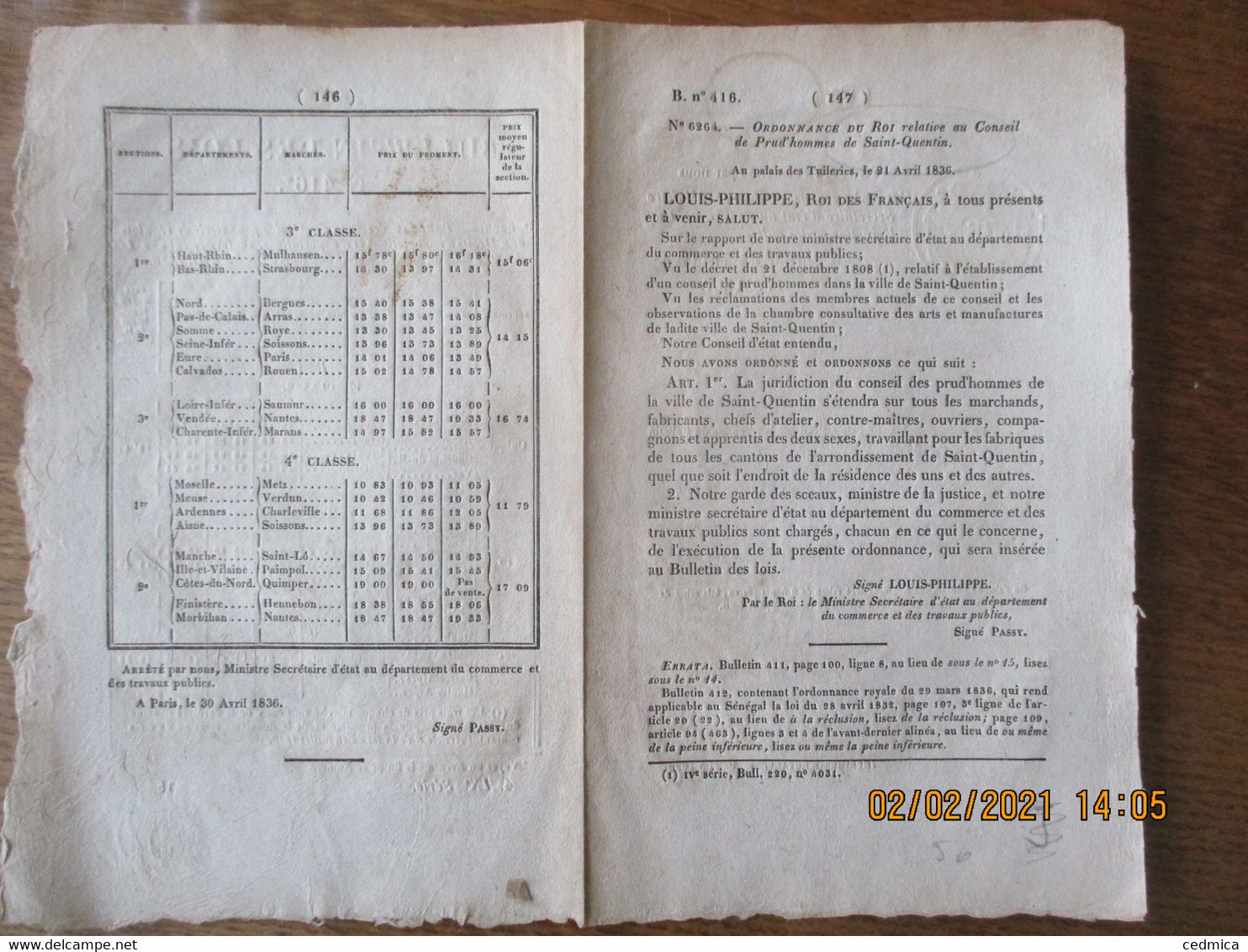 BULLETIN DES LOIS N° 416 DU 1er MAI 1836 ORDONNANCE DU ROI RELATIVE AU CONSEIL DE PRUD'HOMMES DE SAINT-QUENTIN,TABLEAU D - Décrets & Lois