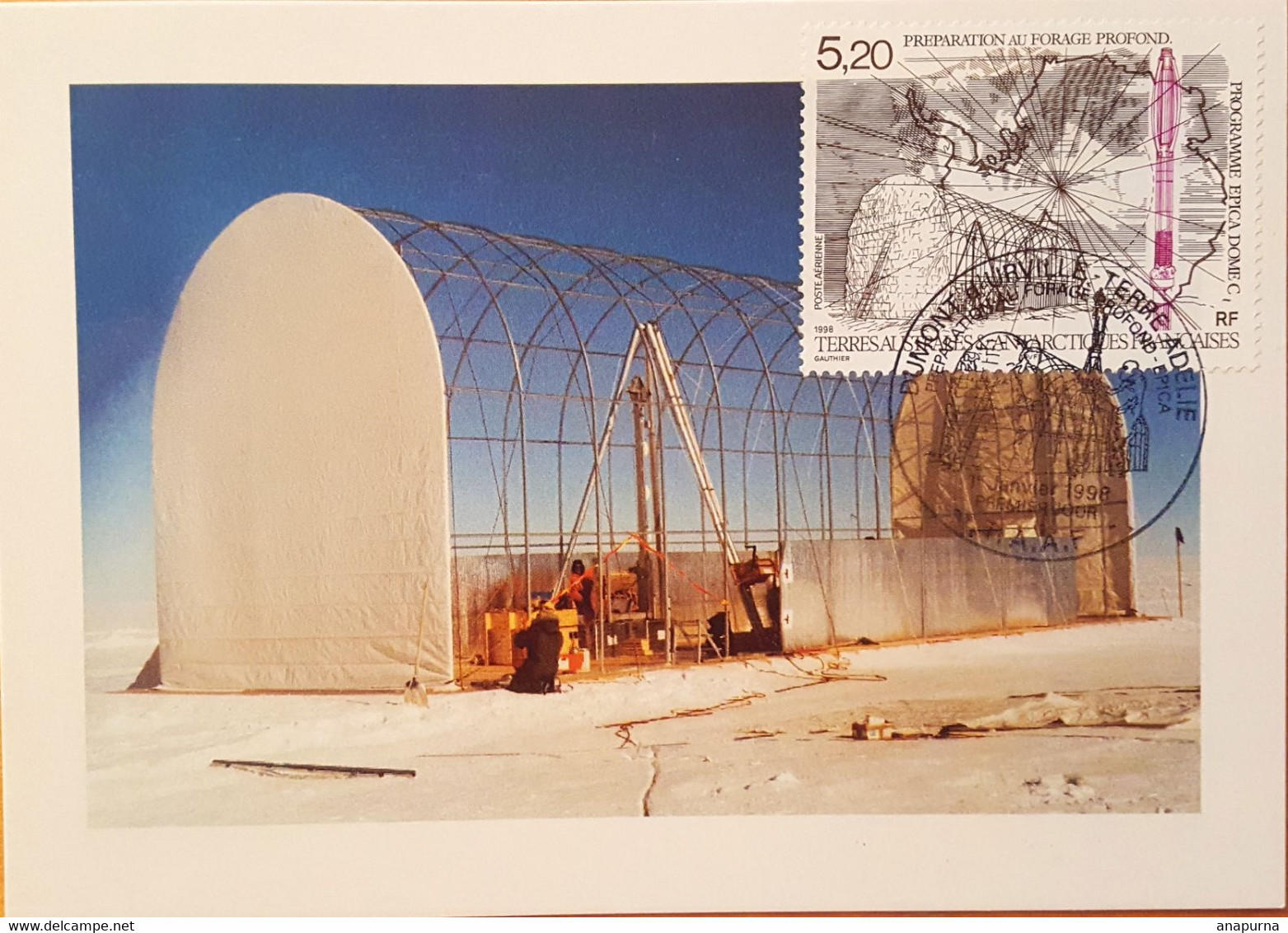 Carte Postale Terre Adélie Forage Profond à Dome C. Avec Timbre Dome C. Cachet Postal Illustré 1/1/1998 - Other & Unclassified