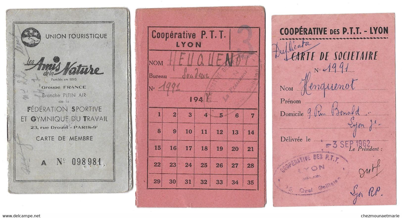 LYON - HENQUENOT - CARTE PTT ET LICENCE DE CAMPER AVEC VIGNETTES - LOT DE 3 DOCUMENTS - Documents Historiques