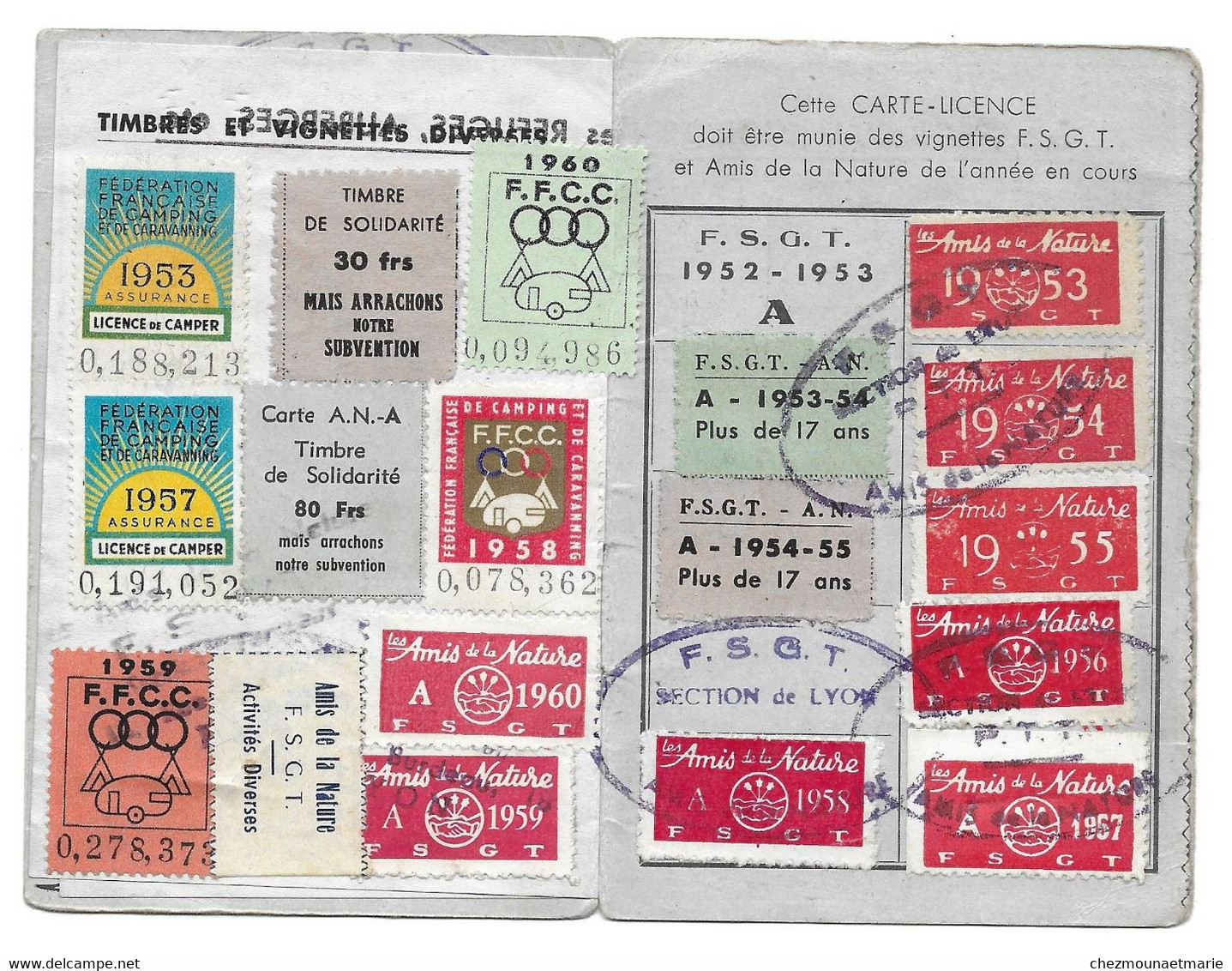 LYON - HENQUENOT - CARTE PTT ET LICENCE DE CAMPER AVEC VIGNETTES - LOT DE 3 DOCUMENTS - Documents Historiques