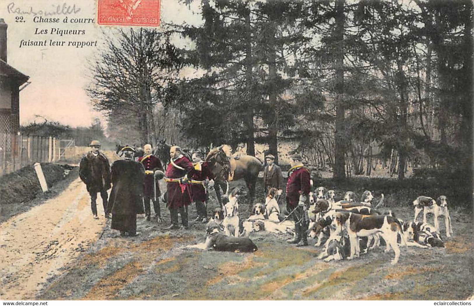 Rambouillet  78 Chasse A Courre. Equipage Bonnelles Duchesse D'Uzès. Piqueurs Faisant Leur Rapport Colorisé (voir Scan) - Rambouillet