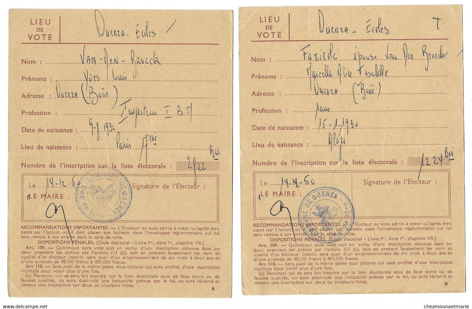 1959 OUENZA BONE (ALGERIE) - VAN DEN BROECK ET EPOUSE -  LOT DE 2 CARTES D ELECTEUR - Documents Historiques