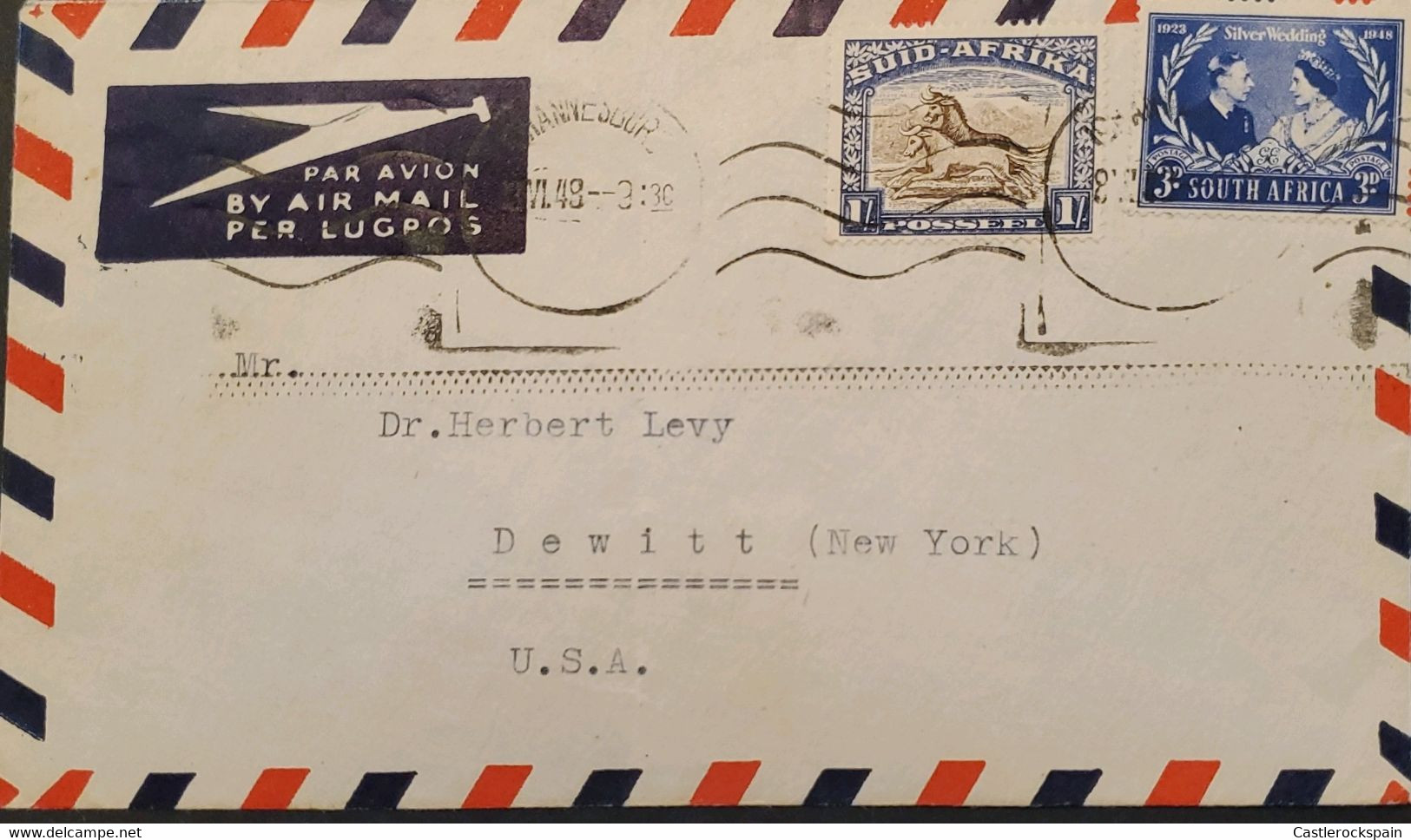 O) 1948 SOUTH AFRICA, MARRIAGE KING GEORGE VI AND QUEEN ELIZABETH, GNU SUID AFRICA, AIRMAIL LUGPOS, TO USA - Autres & Non Classés