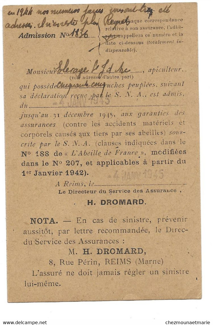 1945 REIMS - ADMISSION SYNDICAT NATIONAL D APICULTURE POUR L ELEVAGE JEANNE D ARC A SAINT ANDRE D HUIRIAT (AIN) - Documents Historiques