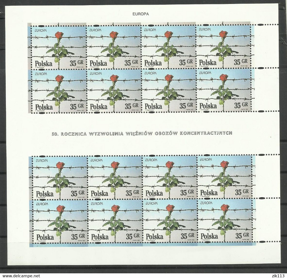 Poland 1995 - Europa Cept, Concentration Camps, Flowers, 2 Complete Sheets, MNH - Altri & Non Classificati