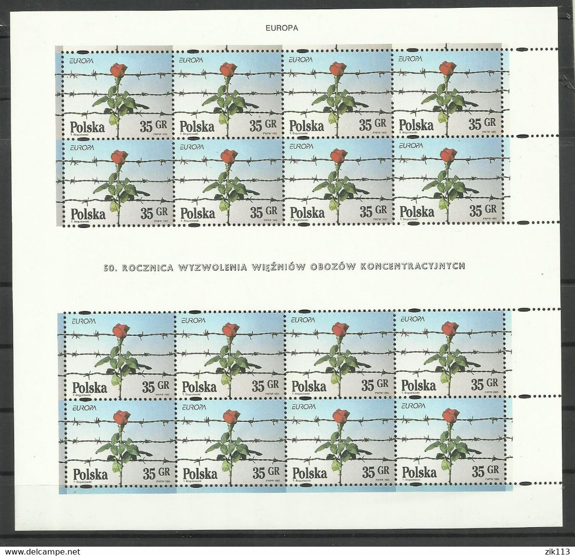 Poland 1995 - Europa Cept, Concentration Camps, Flowers, 2 Complete Sheets, MNH - Autres & Non Classés
