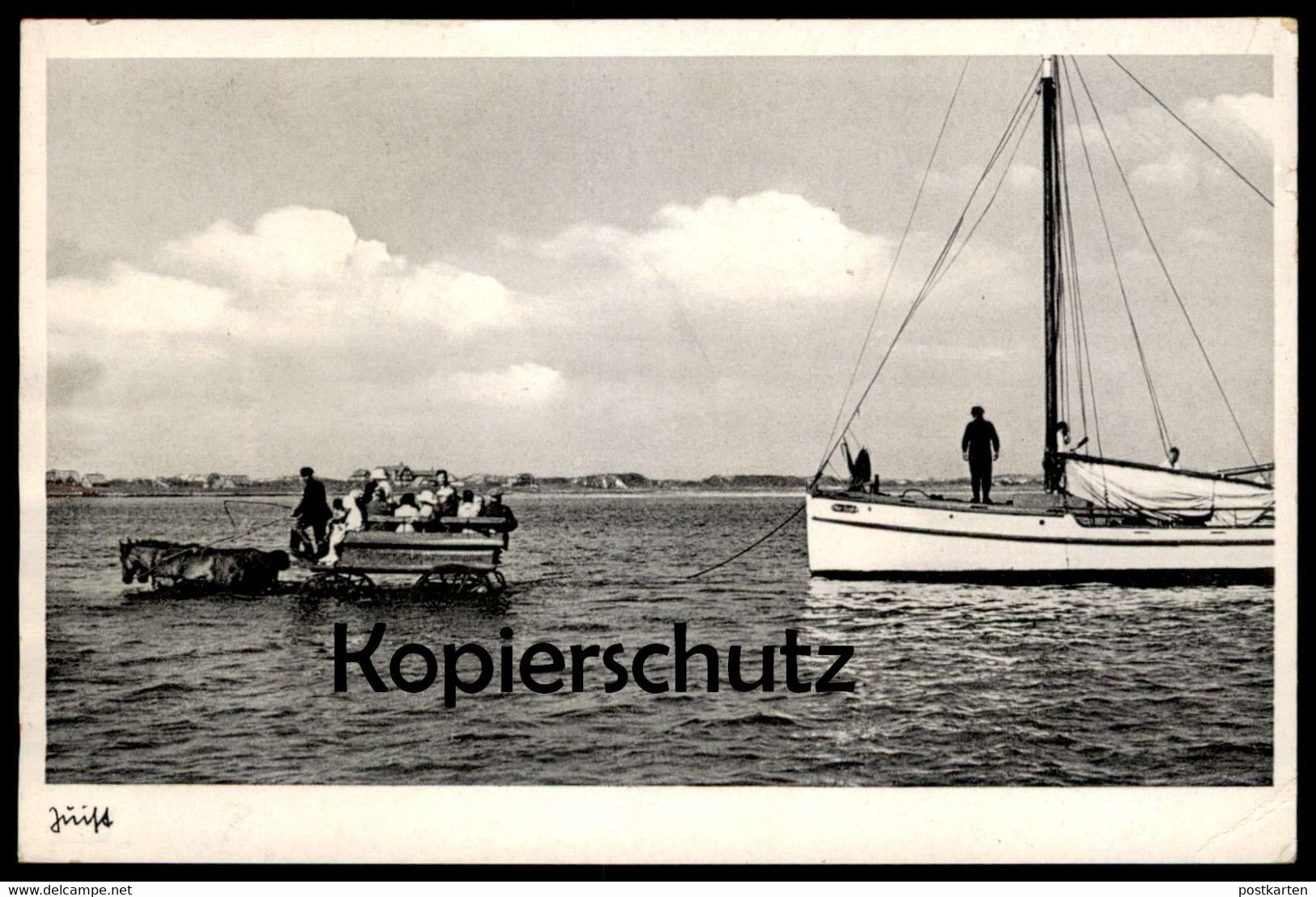 ALTE POSTKARTE NORDSEEBAD JUIST 1937 PFERDEKUTSCHE PFERDEWAGEN UND SEGLER SEGELSCHIFF Ansichtskarte Postcard AK Cpa - Juist