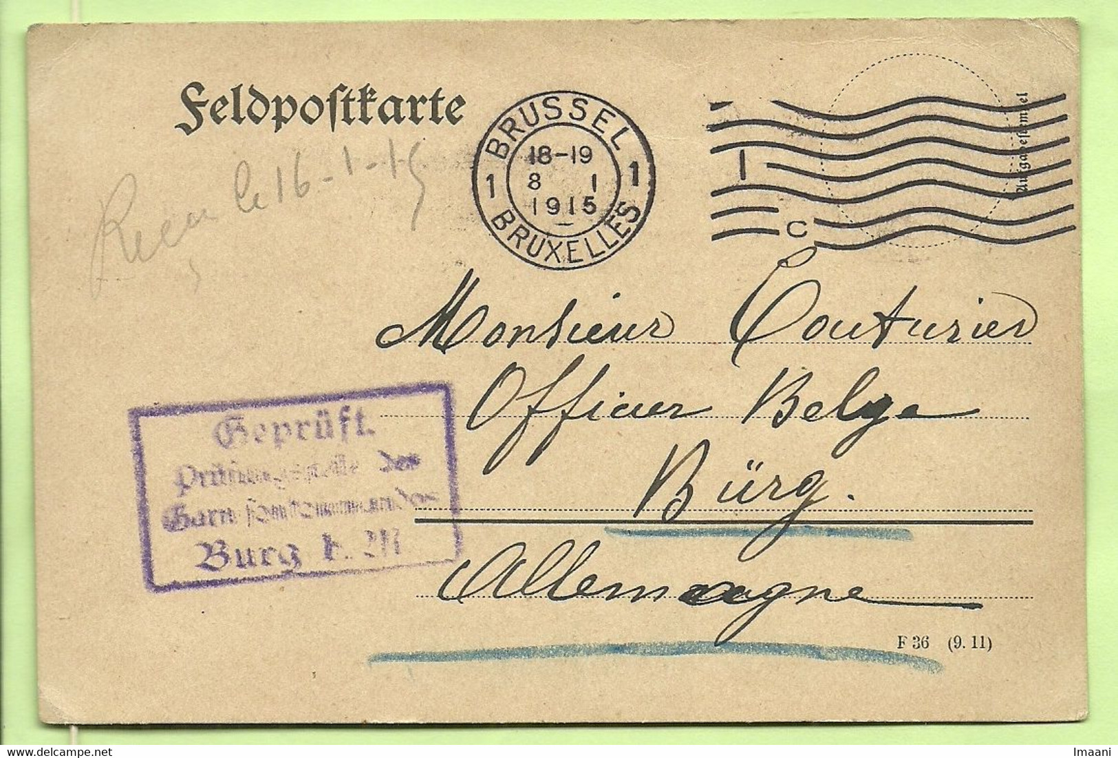 Feldpostkaart Stempel BRUSSEL 8/1/15 Naar "Couturier Officier Belge BURG" Stempel GEPRUFT (2422) - Kriegsgefangenschaft