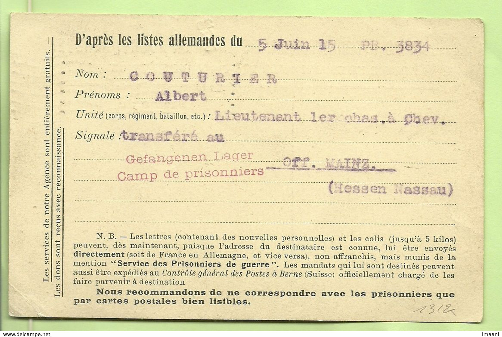 CROIX-ROUGE De BELGIQUE/COMITE MEDICAL,stempel BRUSSEL 18/9/15,verso "Couturier Luitenant Tranfere Au CAMP .... (2757) - Kriegsgefangenschaft