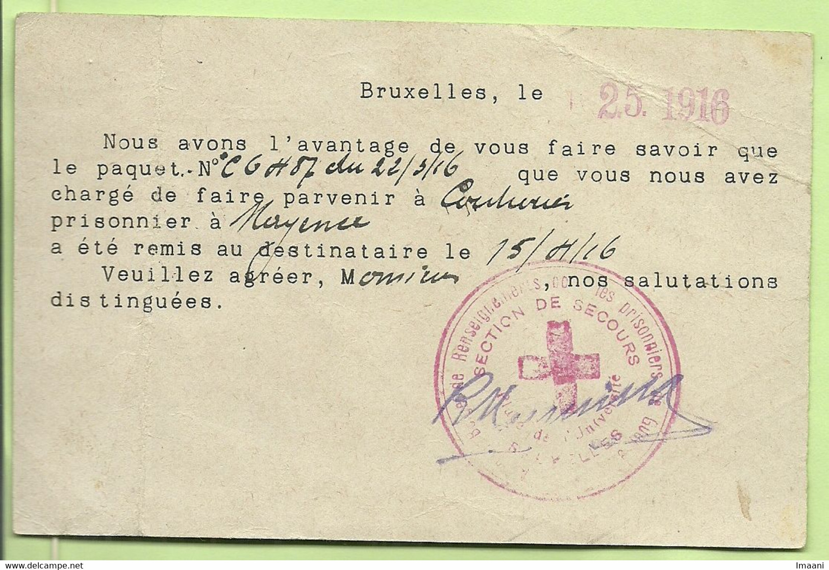 Kriegsgefengenens. BRUSSEL 3/5/16 Stempel CROIX-ROUGE /SECTION DE SECOURS, Info "Couturier  Prisonnier MAYENCE (2848) - Prisonniers