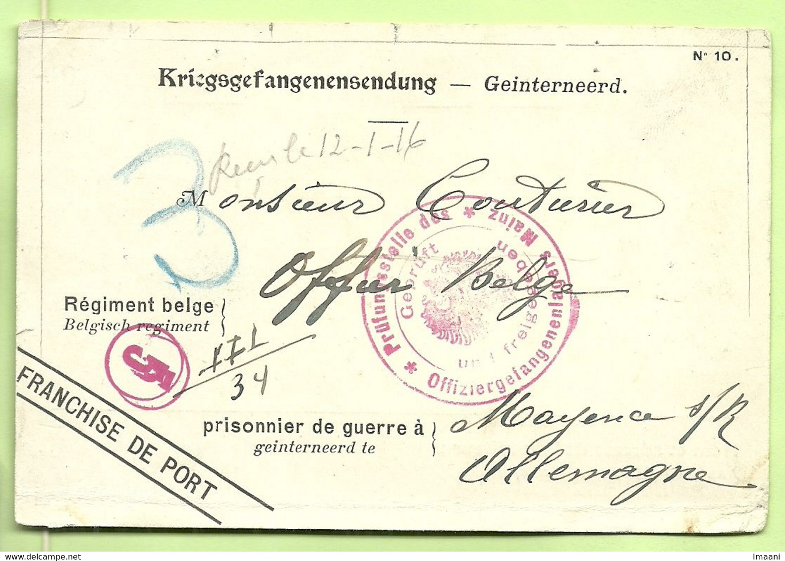 Kriegsgefangenens. Vanuit BRUXELLES Naar " Officier Belge Couturier  Prisonnier De Guerre MAYENCE,/ GEPRUFT MAINZ (2202) - Prisonniers