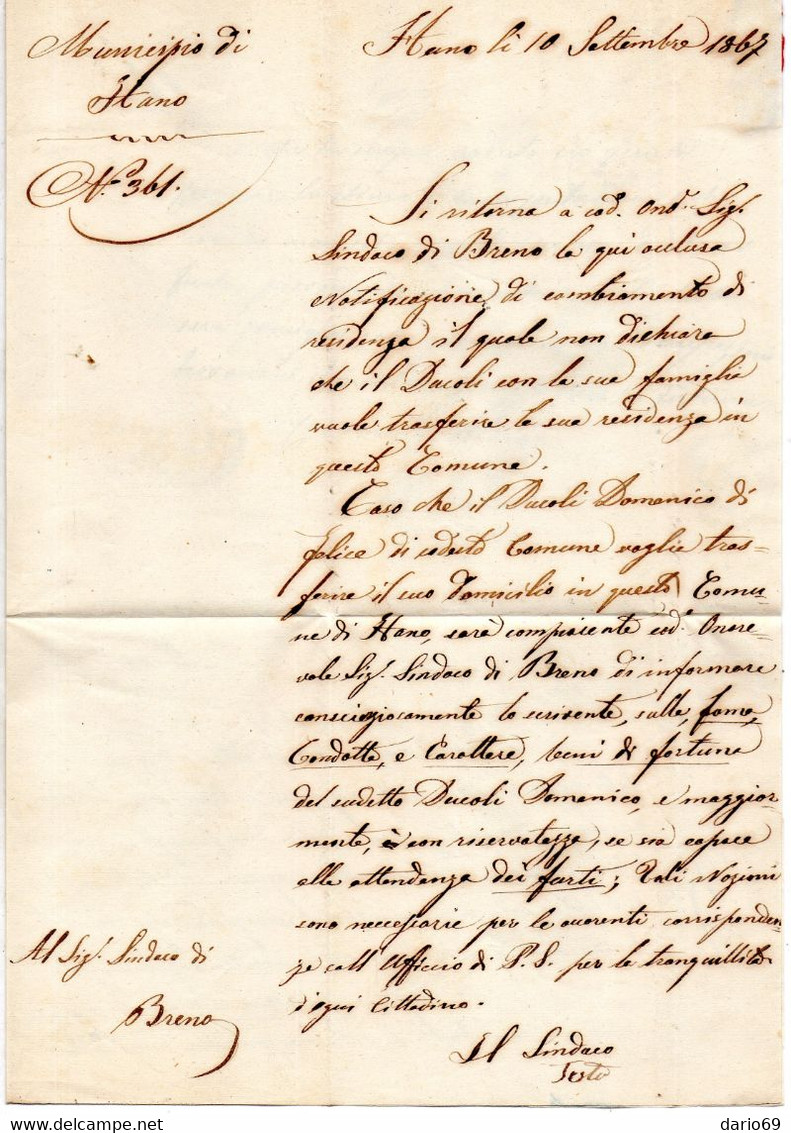 1867  LETTERA CON ANNULLO  LAVENONE BRESCIA + BRENO - Officials