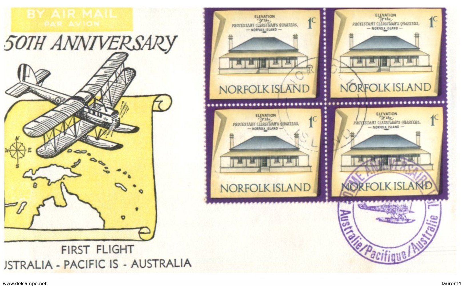 (HH 7) 50th Anniversary Of 1st Flight From Australia To Pacific Islands (Norfolk Island Stamps) - Premiers Vols