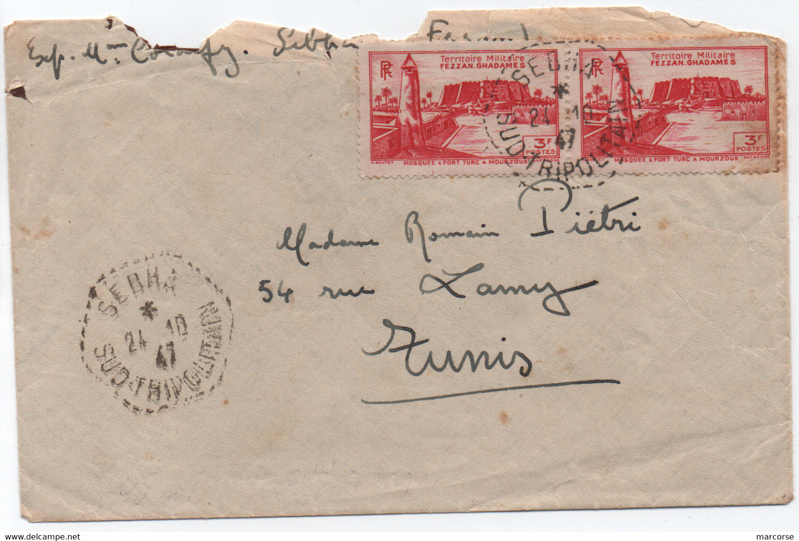 Rare Pli Nature Territoire Militaire FEZZAN GHADAMES Timbres Oblitération SEBHA SUD-TRIPOLITAIN Lettre Pour Tunisie 1947 - Lettres & Documents