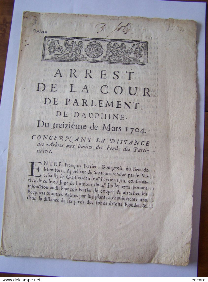 ARREST DE LA COUR DE PARLEMENT DE DAUPHINE DU TREIZIEME DE MARS 1704. VOIR L'OBJET EN DESCRIPTIF. 100_1659TRC"a" - Décrets & Lois