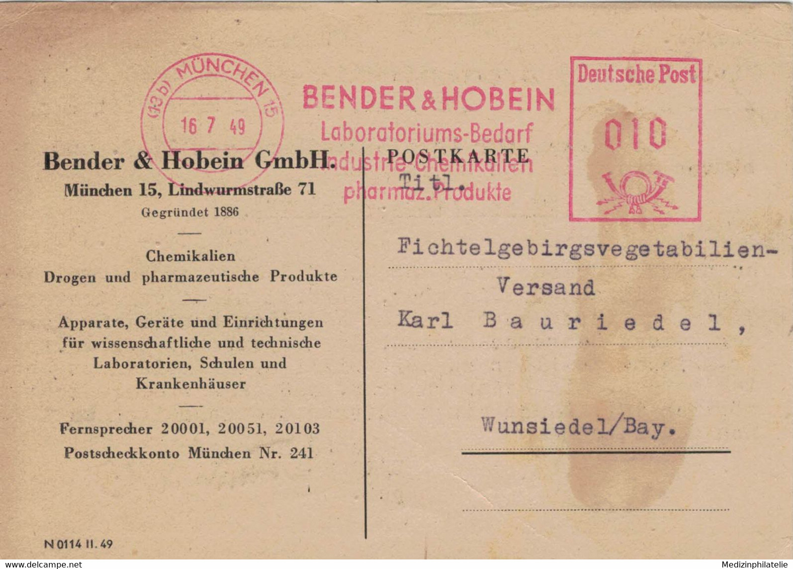 13b München 1949 Bender & Hobein Laboratoriums-Bedarf Industrie-Chemikalien > Wunsiedel - Pharmacy