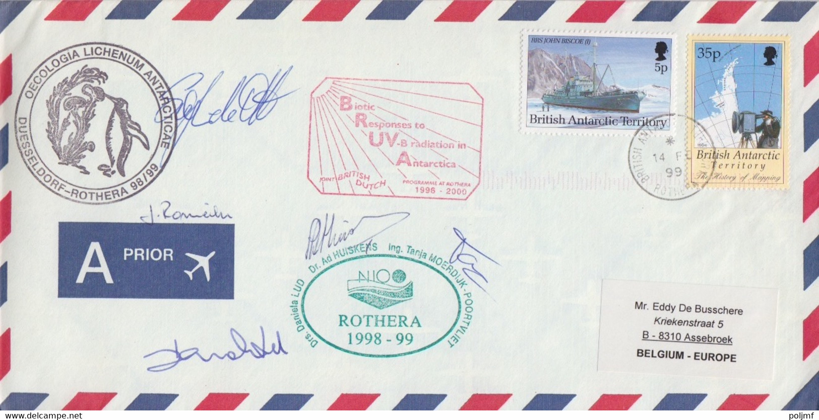 BAT, Lettre Obl. Rothera Le 14 FE 99 Sur N° 227, 283 + 2 Cachets Rothéra 98-99 Et B.R.UV.A + Signatures - Covers & Documents