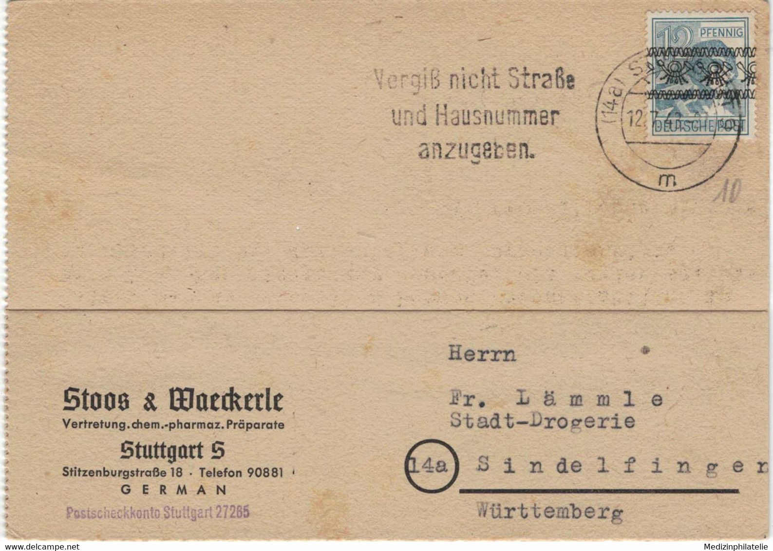 14a Stuttgart Stoos & Weckerle Chemie 1948 > Sindelfingen - Strasse Hausnummer - Roha-Salz Fliegenfänger - Pharmacy