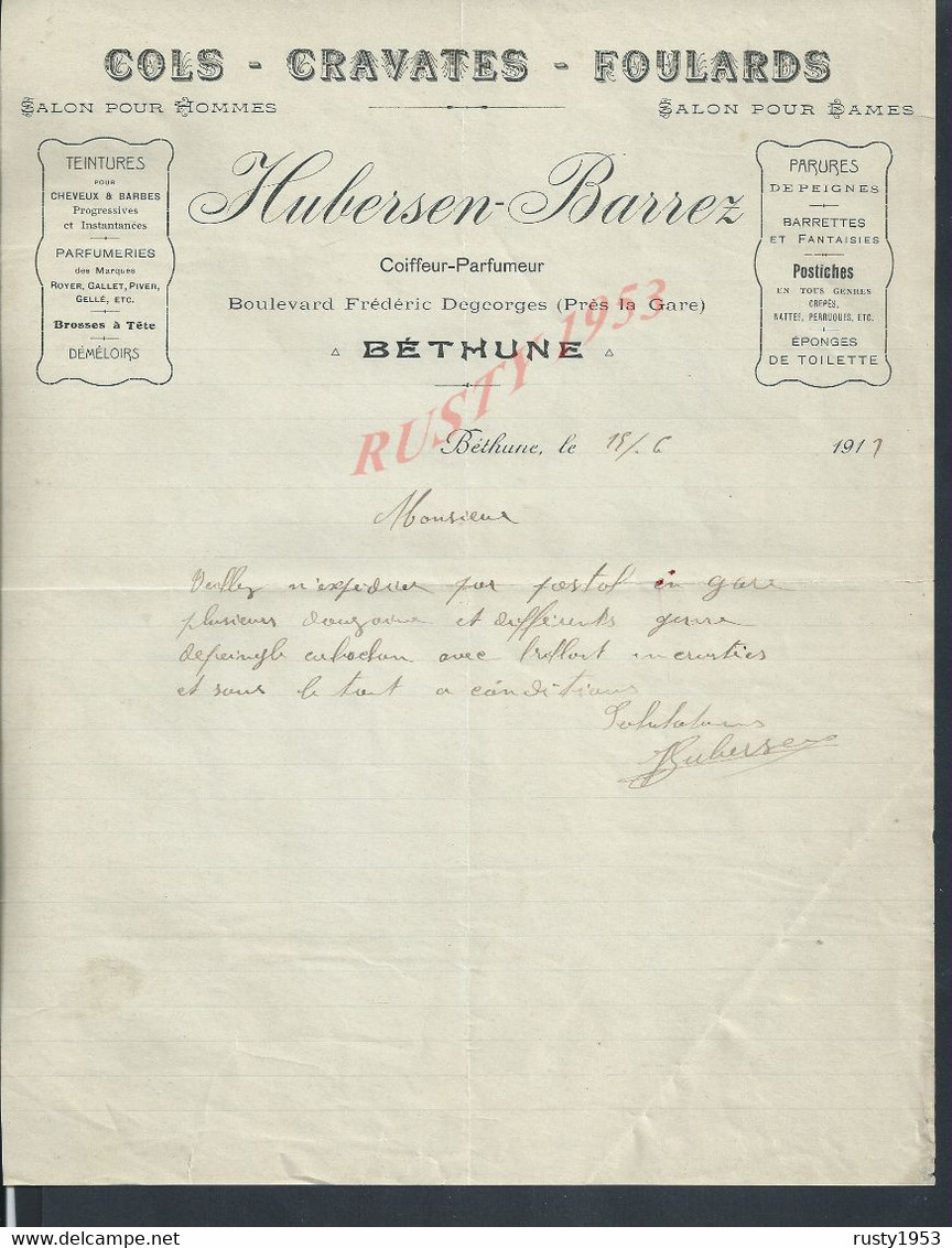 LETTRE COMMERCIALE DE 1911 HUBERSEN BARREZ COIFFEUR PARFUMEUR À BÉTHUNE : - Droguerie & Parfumerie
