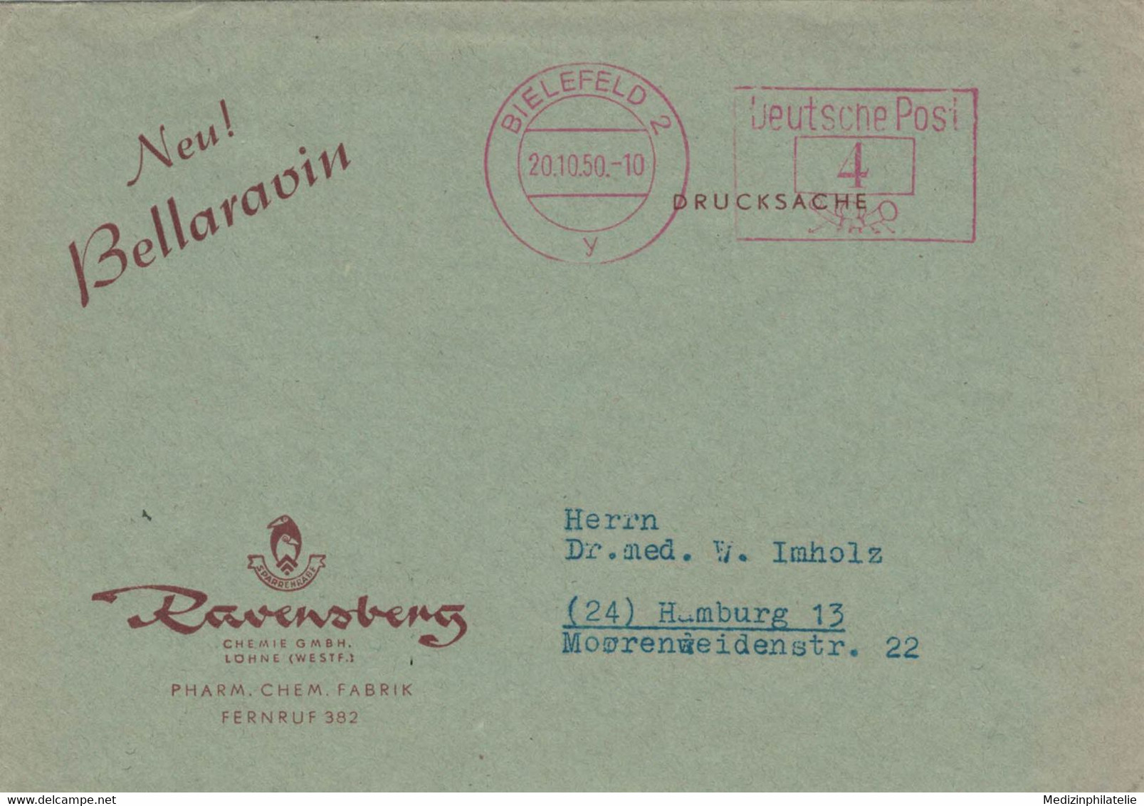 Bellaravin  Sparrenrabe Ravensberg Chemie Löhne - Bielefeld 1950 Y > Hamburg - Pharmacy