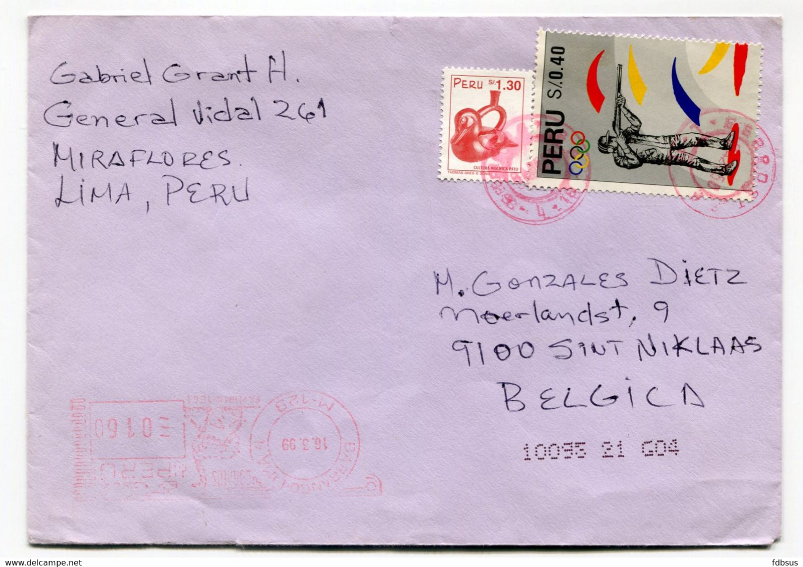 1992 Cover From Miraflores Lima To Belgium  + 2 Stamps And Red Machine Cancellation - Peru