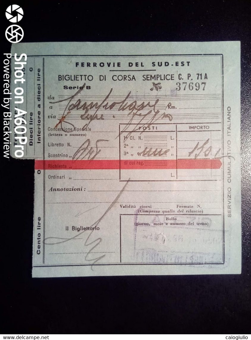 BIGLIETTO - TICKET - FERROVIE DEL SUD EST - ALEZIO CAMPOLEONE, LECCE, FOGGIA 3a CL - ANNI 40 - Europe