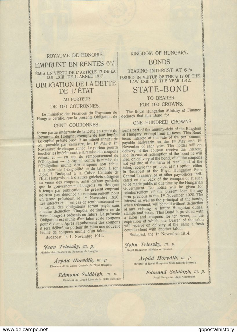 UNGARN 1914+1917, Zwei Versch. 6% Verzinsliche, Sehr Dekorative, Renten-Anleihen - Banque & Assurance