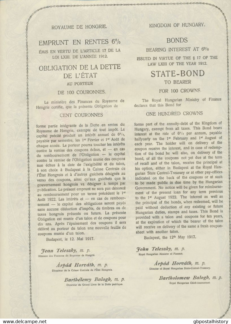 UNGARN 1914+1917, zwei versch. 6% Verzinsliche, sehr dekorative, Renten-Anleihen