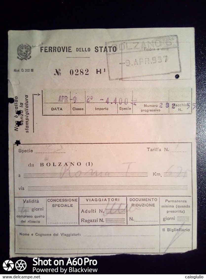 BIGLIETTO - TICKET F.S. - FERROVIE DELLO STATO - BOLZANO ROMA TERMINI  2a CL - 1957 - Europa