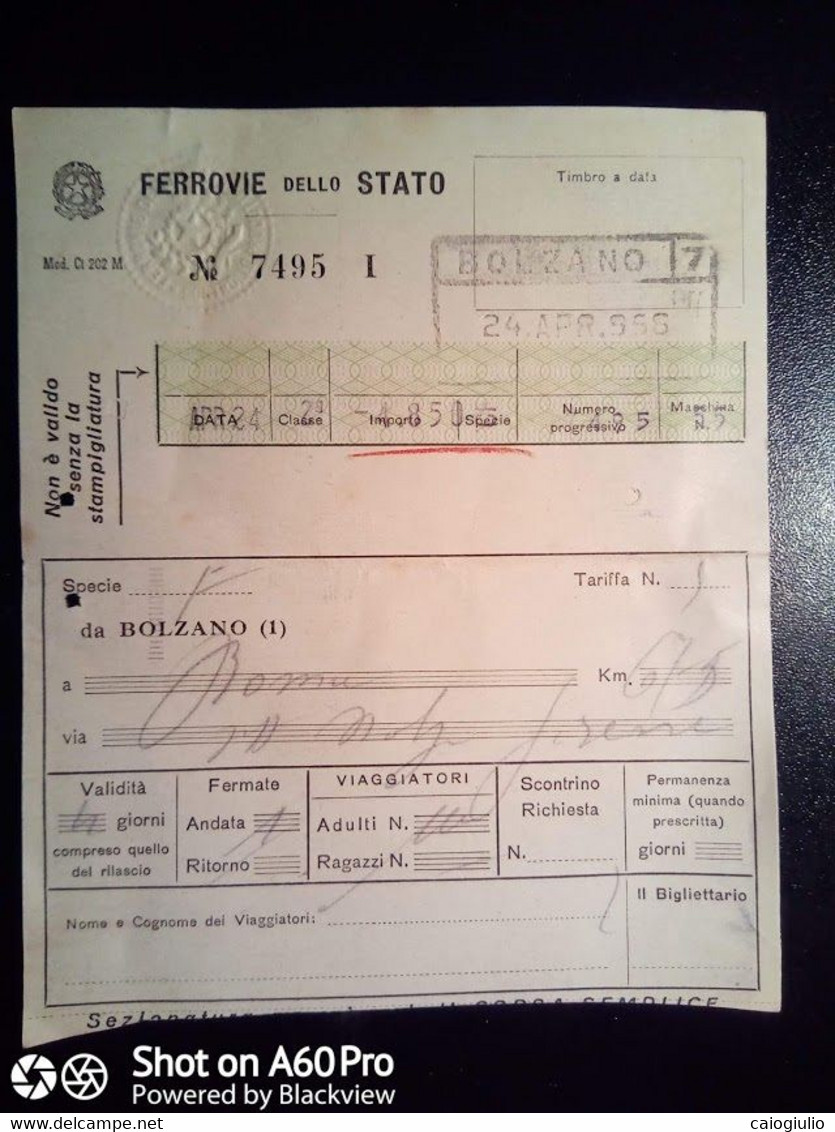 BIGLIETTO - TICKET F.S. - FERROVIE DELLO STATO - BOLZANO ROMA, VIA FIRENZE 2a CL - 1956 - Europa