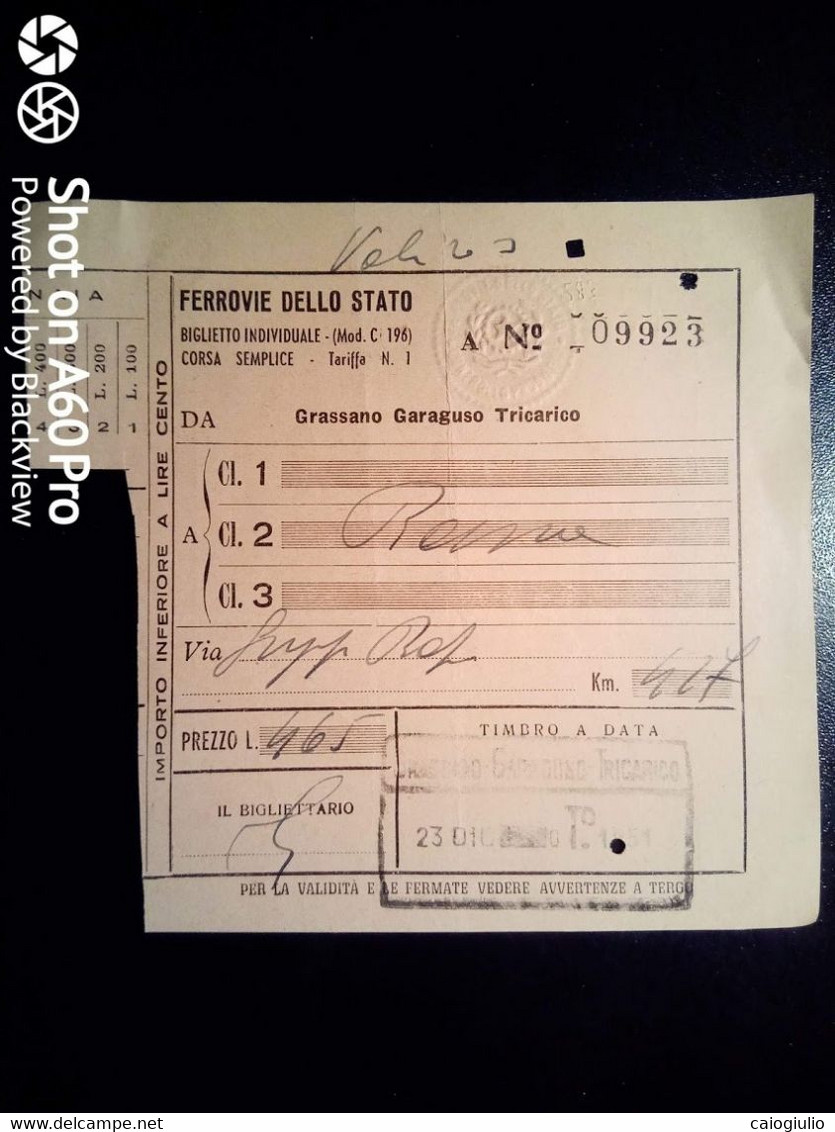 BIGLIETTO - TICKET F.S. - FERROVIE DELLO STATO - GRASSANO GARAGUSO TRICARICO ROMA,  2a CL - 1951 - Europa