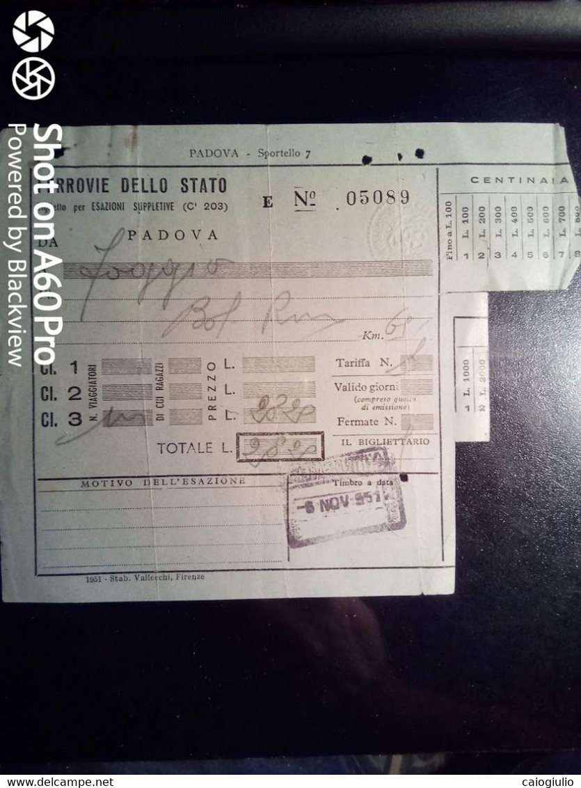 BIGLIETTO - TICKET F.S. - FERROVIE DELLO STATO - PADOVA FOGGIA - VIA BOLOGNA, ROMA 3a CL - 1951 - PUBBLICITÀ MARZOTTO - Europe