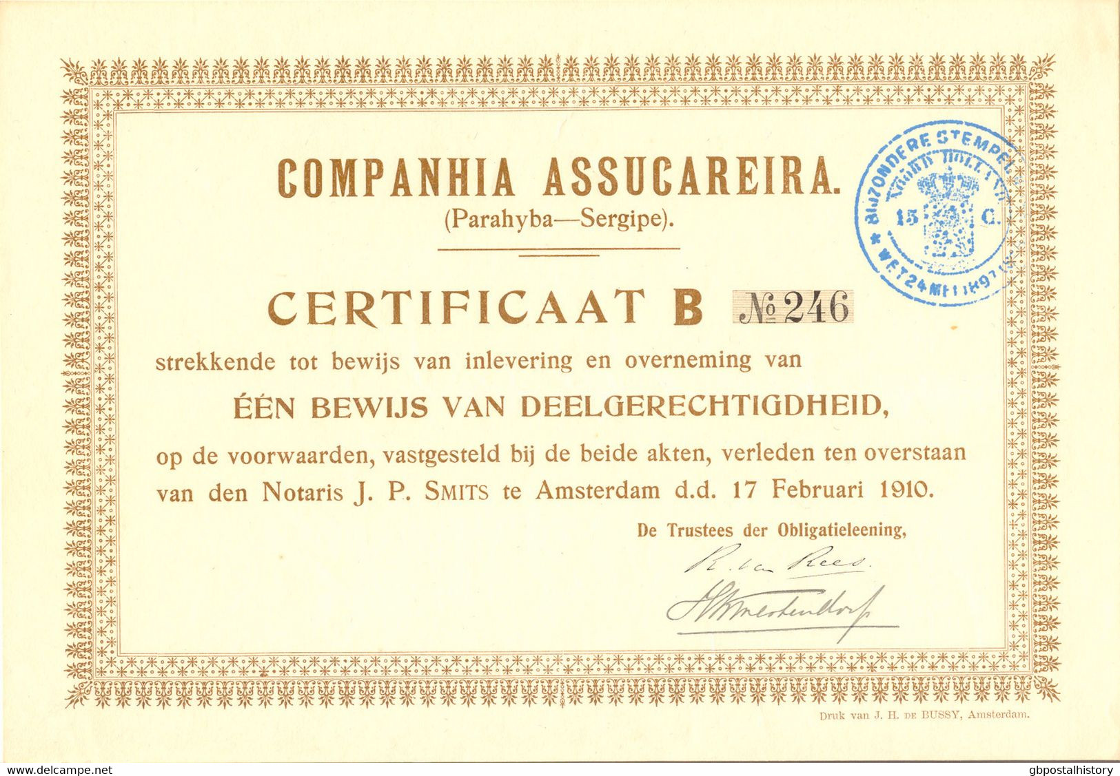 NIEDERLANDE 1910 COMPANHIA ASSUCAREIRA (Parahyba - Segipe) Versicherungs-Gründer - Banque & Assurance