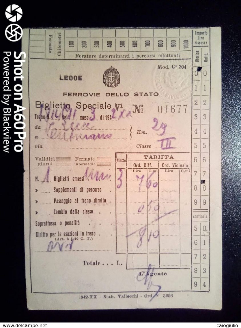 BIGLIETTO SPECIALE - TICKET F.S. - FERROVIE DELLO STATO - LECCE 3a CL - 1942 - Europe