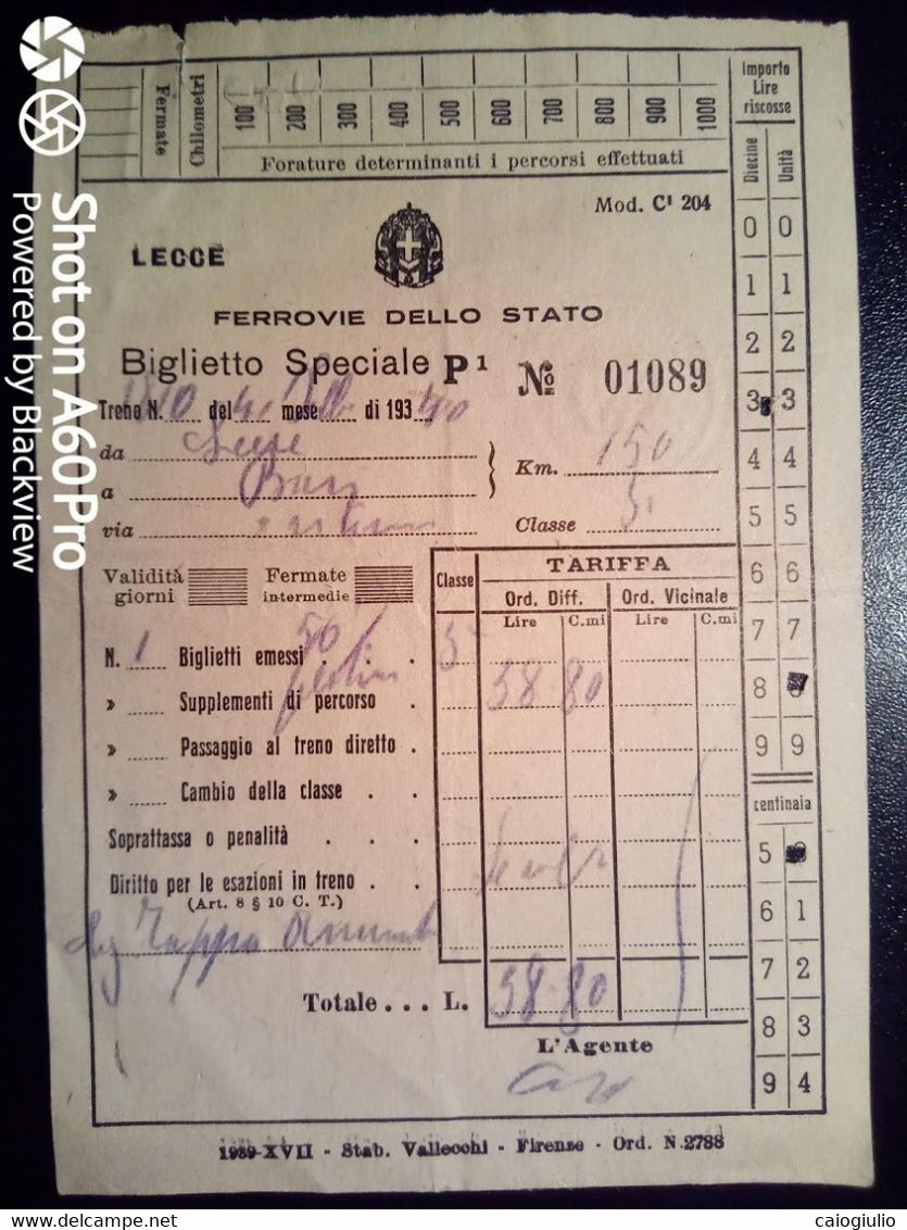 BIGLIETTO SPECIALE - TICKET F.S. - FERROVIE DELLO STATO - LECCE BARI 3a CL - 1940 - Europa