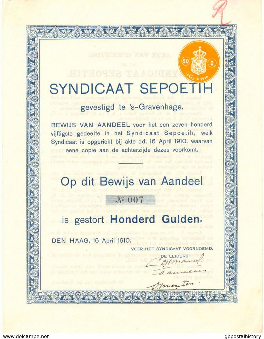 NIEDERLANDE 1910 SYNDICAAT SEPOETIH DEN HAAG ImmobilienAktie Grundbesitz Kolonie - Banque & Assurance