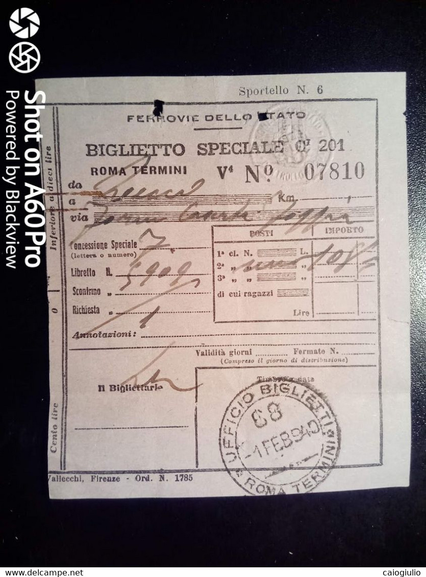 BIGLIETTO SPECIALE - TICKET F.S. - FERROVIE DELLO STATO - ROMA TERMINI LECCE, VIA FORMIA, CASERTA, FOGGIA 2a CL - 1940 - Europe